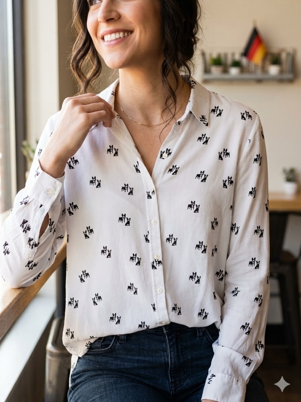 French Bulldog Print Button-Up Blouse - Jane + Delancey